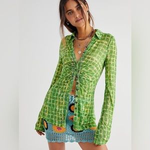 Free People Green Grid Ruched Button-Up Top